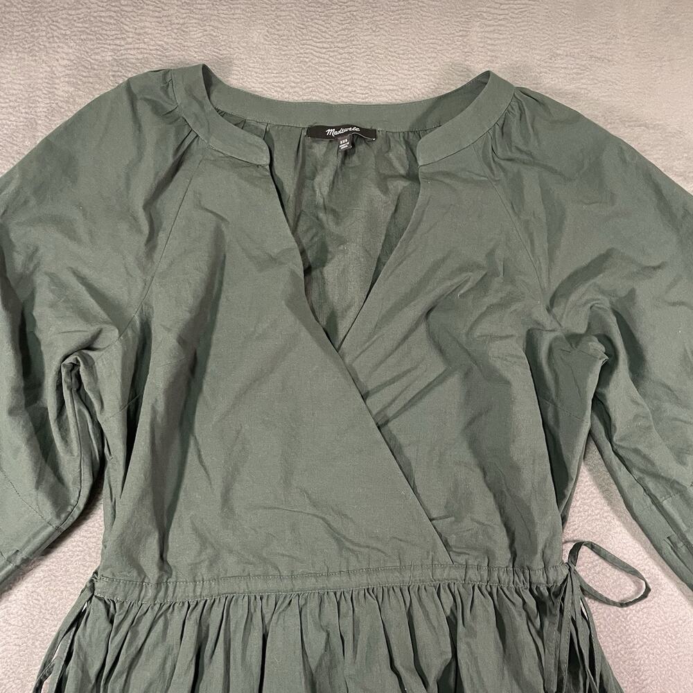 Madewell Emerald Green Poplin Long-Sleeve Faux Wrap Pockets Tiered Dress XXS - Picture 6 of 10